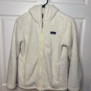 Patagonia Kids' White Cozy Fleece Zip Up Hooded Jacket Size XL 14 GUC